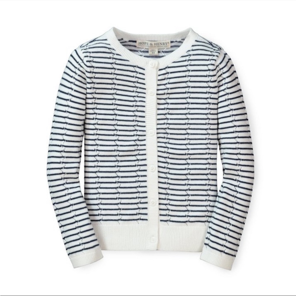 Hope and Henry Girls Pointelle Stripe Cardigan (Navy Mini Stripes, 18-24 months)